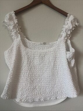 Shabby Chic White Textured Ruffle-Strap Tank Top XL Cropped